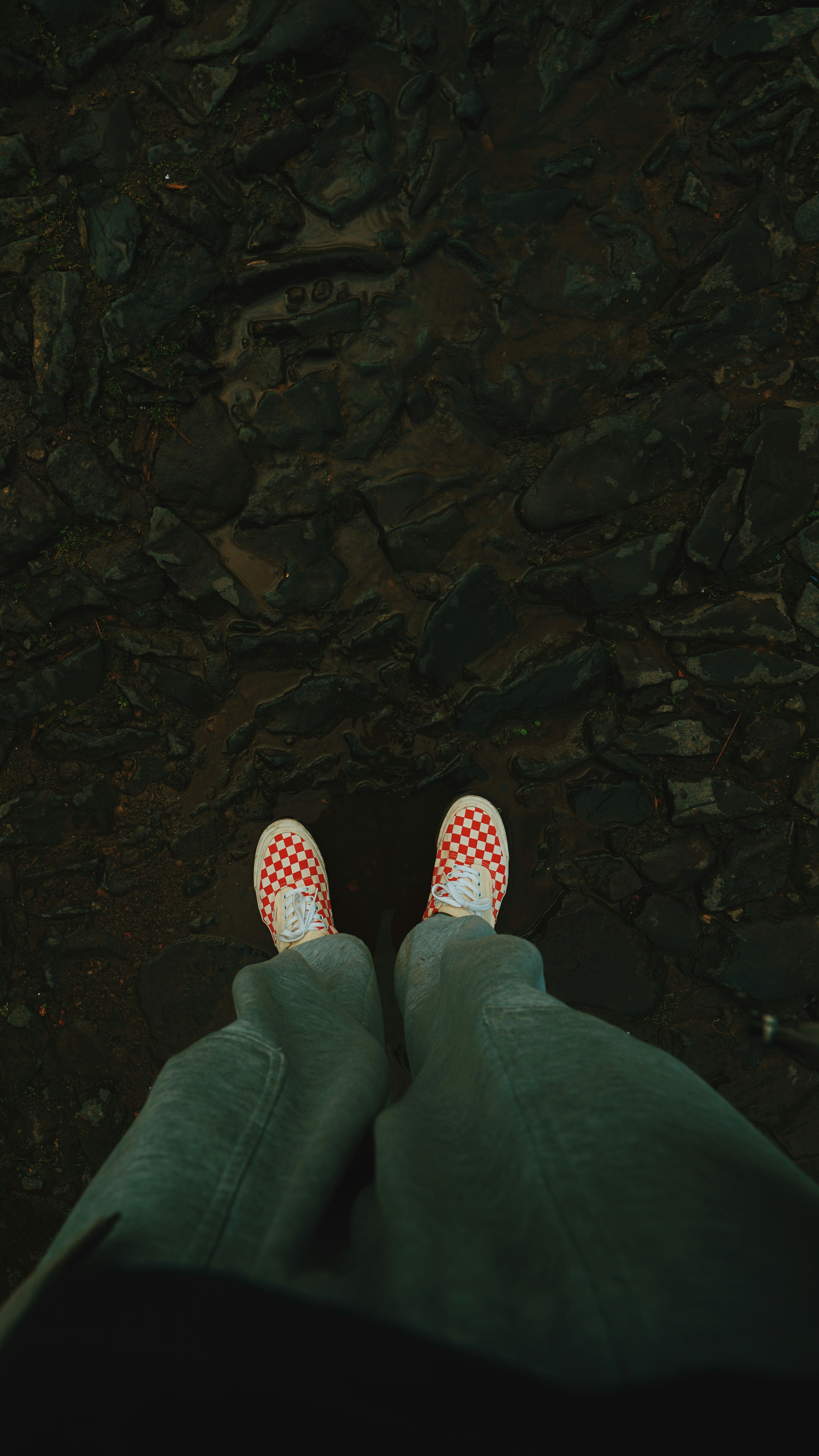 person in blue denim jeans and white and red polka dot shoes